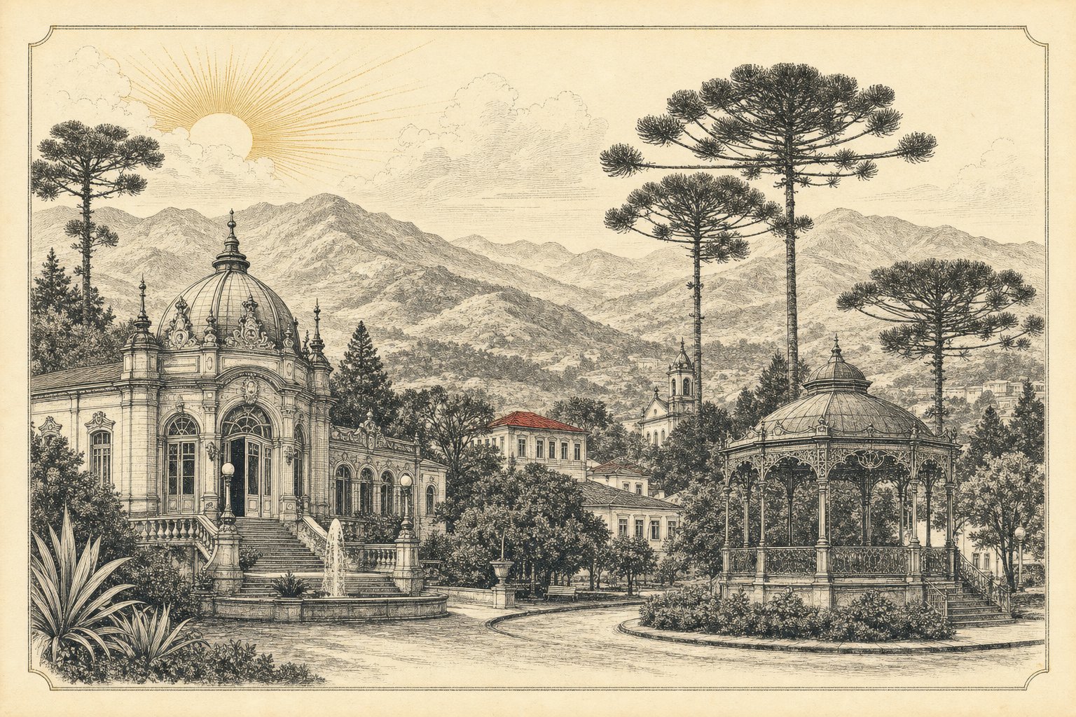 Gravura do parque e das montanhas de São Lourenço, no Circuito das Águas