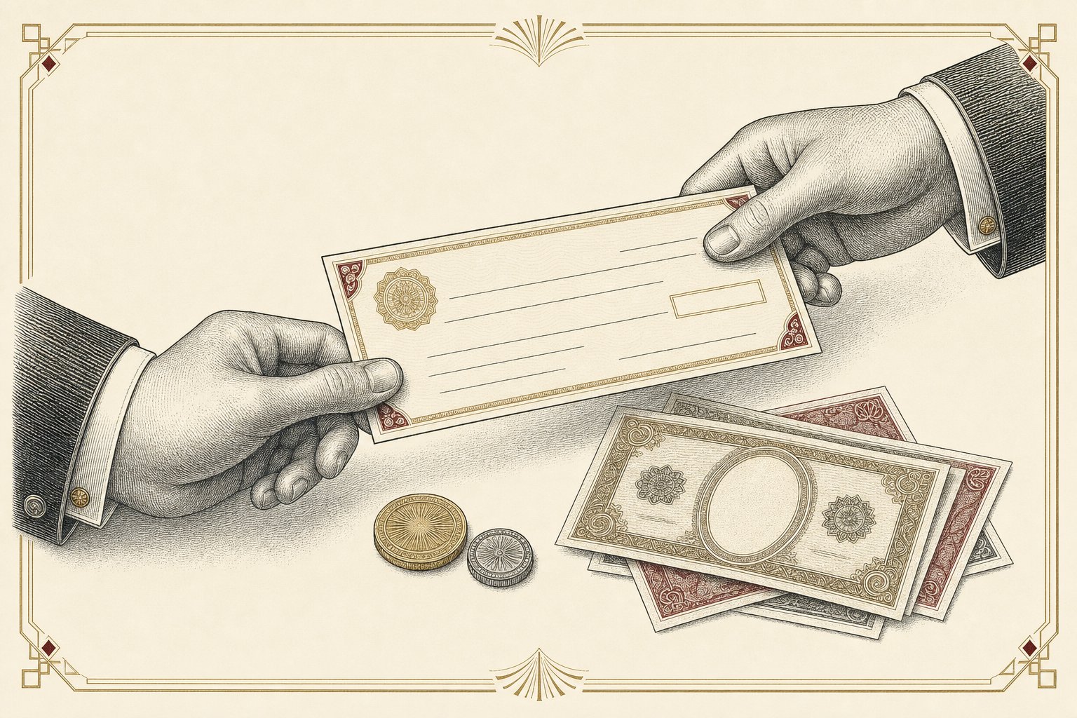 Gravura: mãos trocando um cheque por dinheiro à vista